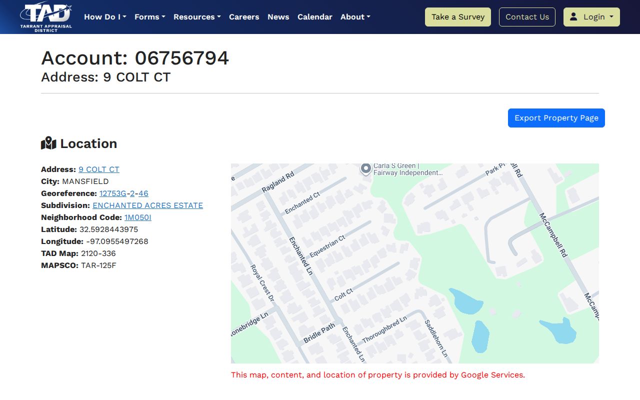 Mansfield street directory TAD parcel card