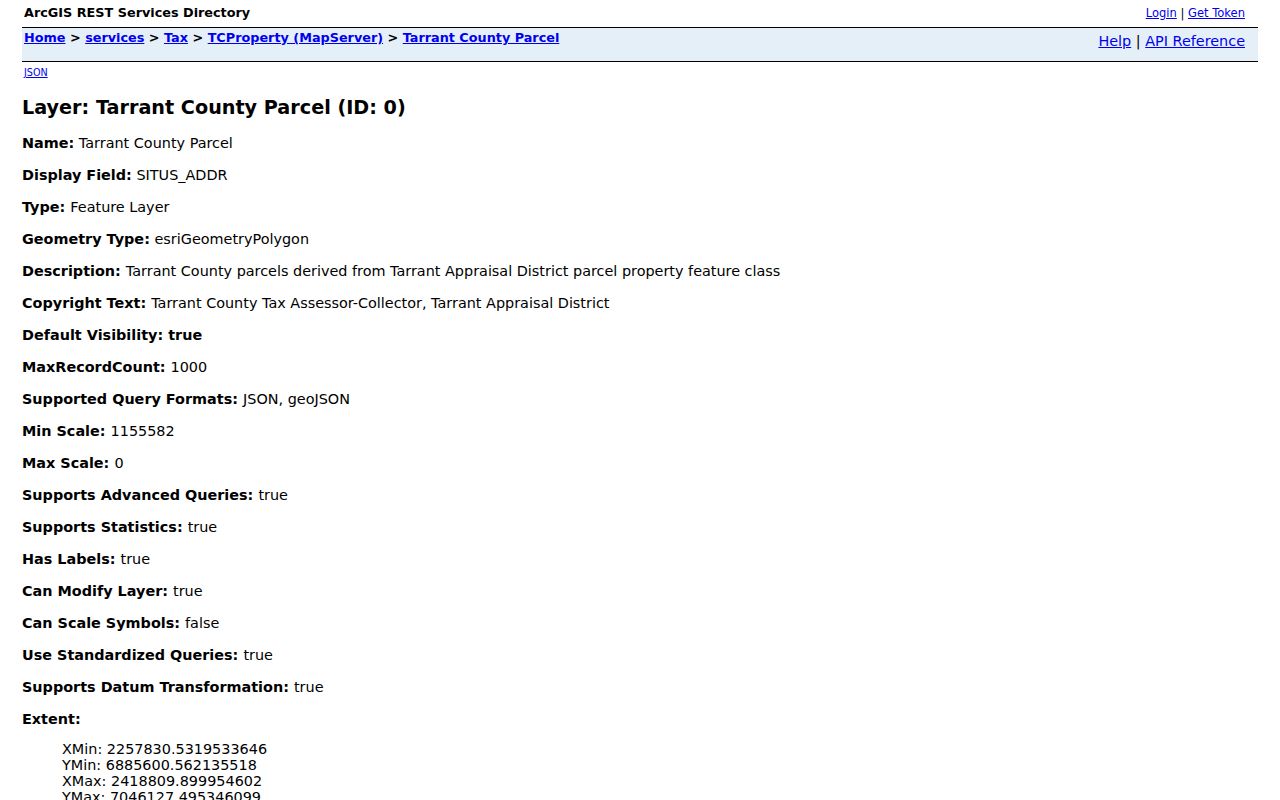 Mansfield street directory Tarrant GIS parcel layer fields