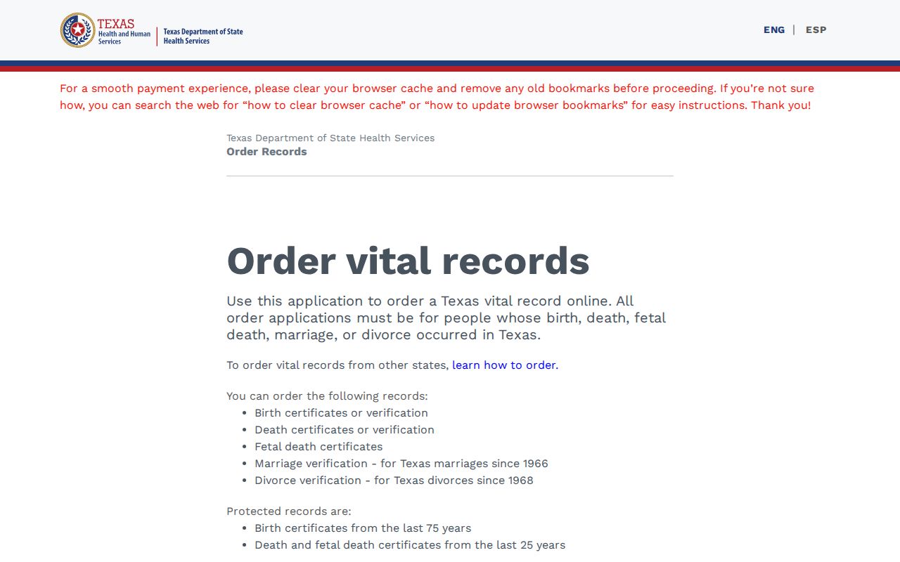 Mansfield resident lookup Texas vital records order page